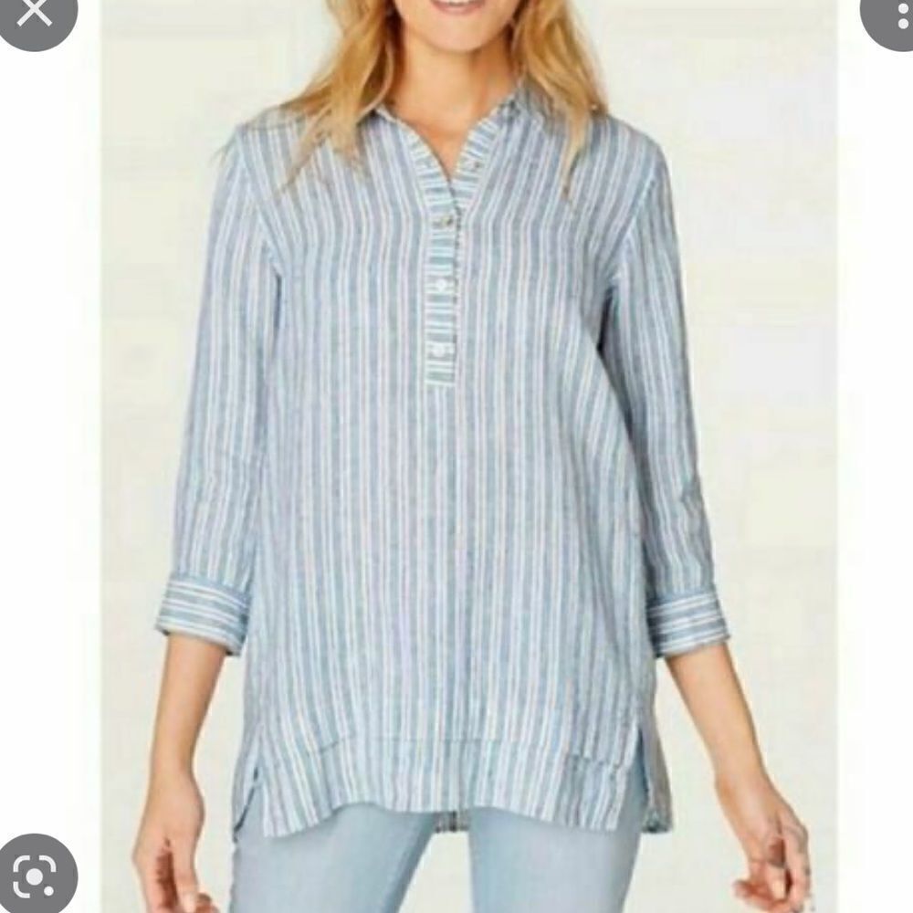 J.Jill striped Tahitian blue and white linen button blouse